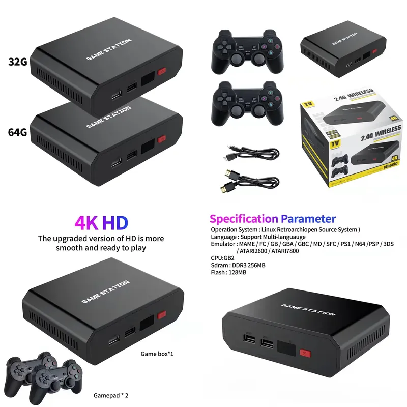 Gaming Accessories Console - M8plus HDビデオゲームコンソールボックス 2.4GデュアルワイヤレスコントローラーゲームパッドTV 32G/64G 10000シミュレーターゲームプレーヤーセットアクセサリー