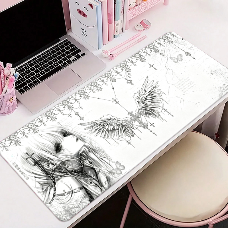 Gaming Accessories Anime - レザーマウスパッド黒白アニメ美学エンジェルガールマウスパッドオフィスアクセサリーPCゲームキーボードEスポーツHDデスクマット